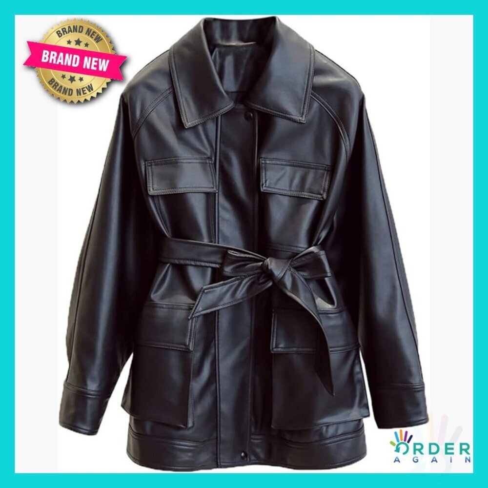 Faux Leather Belted Blazer Jacket Y2K Retro Streetwear Chic Loose Fit
